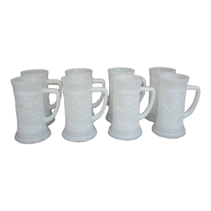 Vintage 1960's American Federal Milk Glass Bavarian Tavern Scene Motif Steins- Set of 8