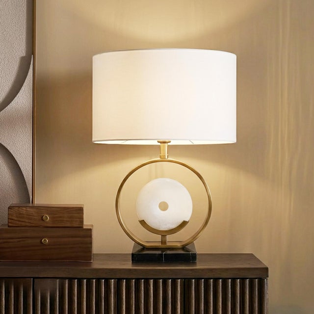 Pasargad Home Sphere Collection White Circular Piece of Marble and Metal Modern Table Lamp with White Shade For Sale In New York - Image 6 of 8