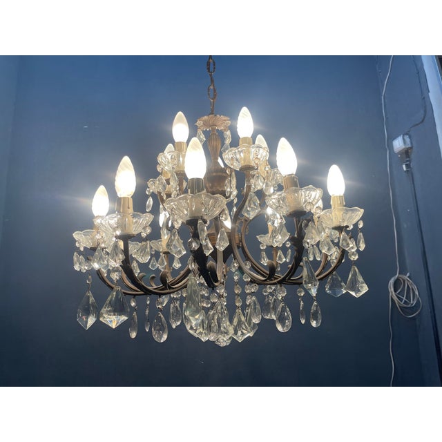 1950s Vintage Bronze Crystal Chandelier 15 Lights, 1950s For Sale - Image 5 of 13