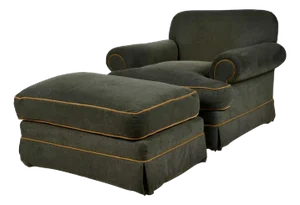 Late 20th Century Charcoal New Gray Upholstered Lounge Chair and Ottoman With Mustard Piping