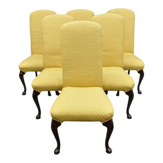 Vintage Queen Anne Style Cherry Wood Upholstered Dining Side Chairs - Set of 6 For Sale