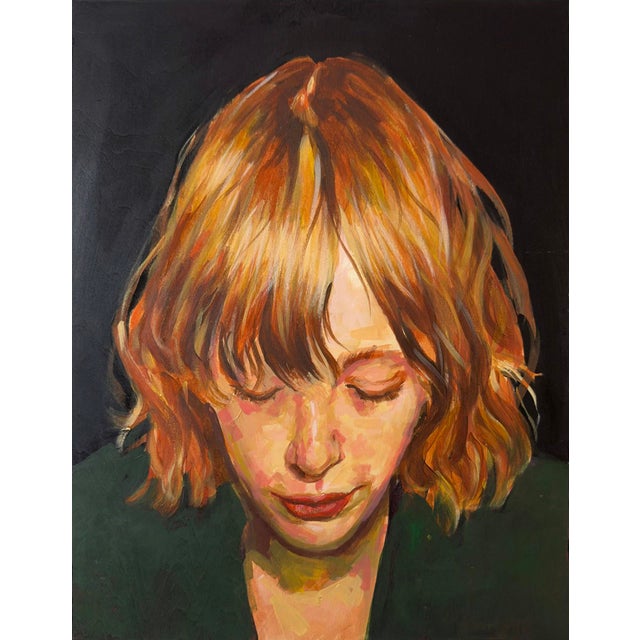 Realism At The Verde River by Fikriye Oz | Oil On Wood Portrait of a woman with short, wavy hair. For Sale - Image 3 of 3