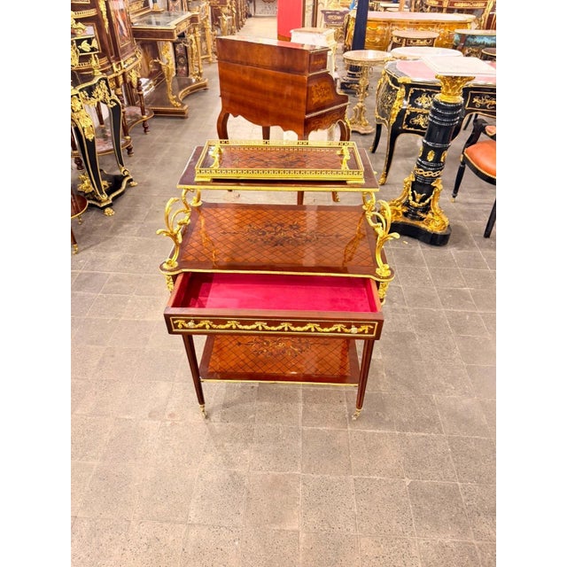 Wood Vintage Marquetry Louis XVI Rolling Serving Cart & Tray For Sale - Image 7 of 10