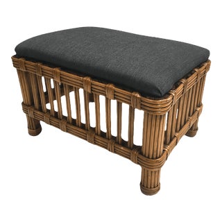 Restored Vintage Stick Rattan Foot Stool With Upholstered Top. For Sale