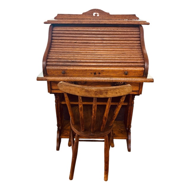 Antique Victorian Child’s Oak Roll Top Desk With Chair, Circa 1900 For Sale