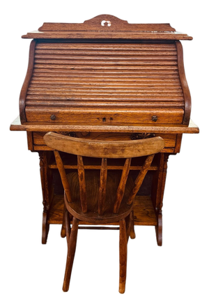 Antique Victorian Child’s Oak Roll Top Desk With Chair, Circa 1900