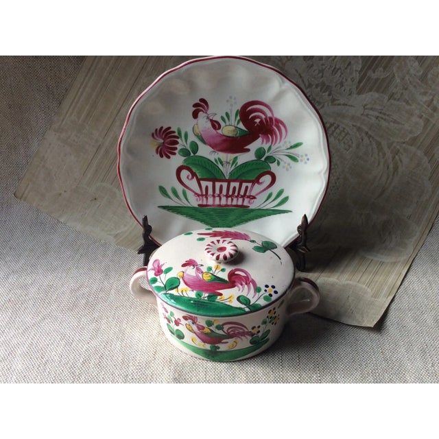 Charming French Luneville Pate Dish & Stand - St. Clément "Coq" Pattern, Hand-Painted Rooster Motif For Sale - Image 9 of 10