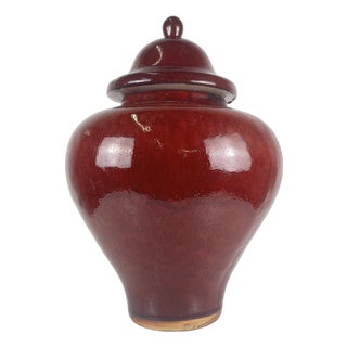 Large Vintage Japanese Oxblood Red Glazed Ceramic Covered Jar, 1950s For Sale