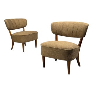 Lisa Johansson-Pape, Lounge Chairs, Brown Boucle, Wood, Finland, 1940s For Sale