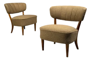 Lisa Johansson-Pape, Lounge Chairs, Brown Boucle, Wood, Finland, 1940s
