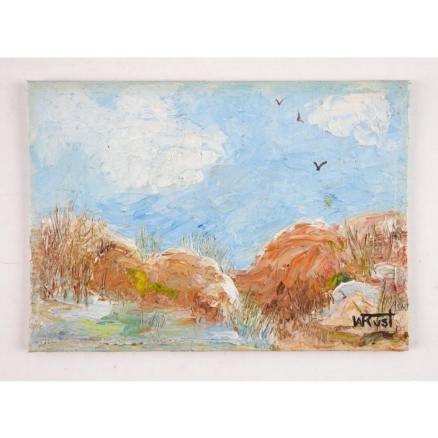 Small oil on canvas board painting of impressionist sand dunes. Signed W Rust lower right corner. Unframed, some...