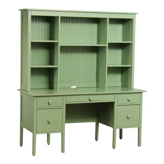 Early 21st Century Maine Cottage Green Painted Writing Desk & Library Hutch For Sale