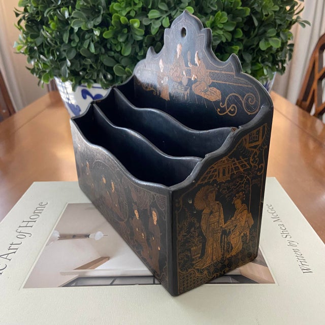 Chinoiserie Late 20th Century Black Lacquered Chinoiserie Letter Caddy / Holder With Asian Scenic Life For Sale - Image 3 of 7