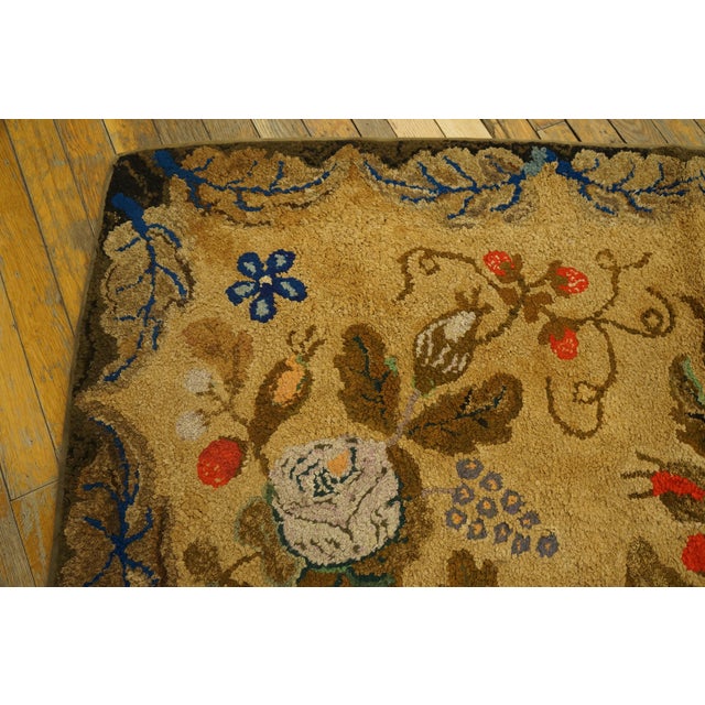 Late 19th Century 1880s Tan Camel Floral Folk Art Antique American Hooked Rug 3' X 5'5" Knotted Wool Carpet For Sale - Image 5 of 6
