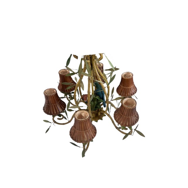 Mid 20th Century Vintage Italian Faux Bamboo Tole Chandelier With Parrots For Sale - Image 5 of 7