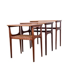 Danish Teak and Caning Nesting Tables by Erling Torvits for Heltborg Mobler, 1960s, Set of 3 For Sale