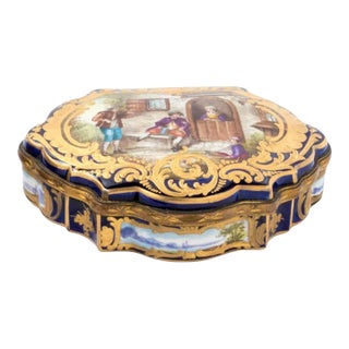 Antique 19th Century French Sevres Porcelain Box in Royal Blue and Gold Decoration For Sale