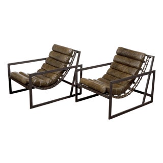 Pair of Mid 20th Century Industrial Iron Sling Transat Chairs with Brown Leather For Sale