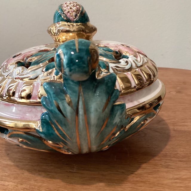 Gold Vintage Majolica Capodimonte Italy Dish & Cover 363/502 Adorable Color Palette Golden Rim and Details For Sale - Image 8 of 12