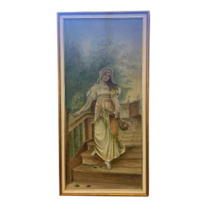 Vintage Framed and Signed Original Painted Portrait of a Woman on Fabric.