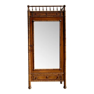 Vintage Boho Carved Bamboo Armoire For Sale