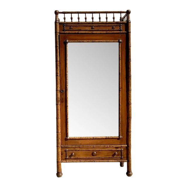 Vintage Boho Carved Bamboo Armoire For Sale