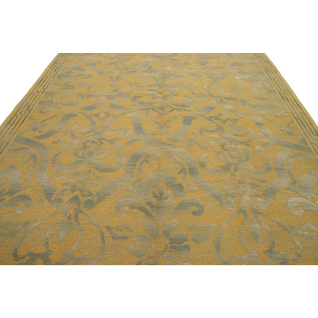 Handmade Needlepoint Wool & Silk Rug in Green and Gold Color With Allover Design For Sale In New York - Image 6 of 9