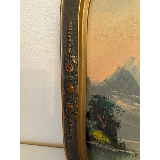 This striking vintage vertical landscape painting captures an atmospheric wilderness scene featuring misty, jagged...