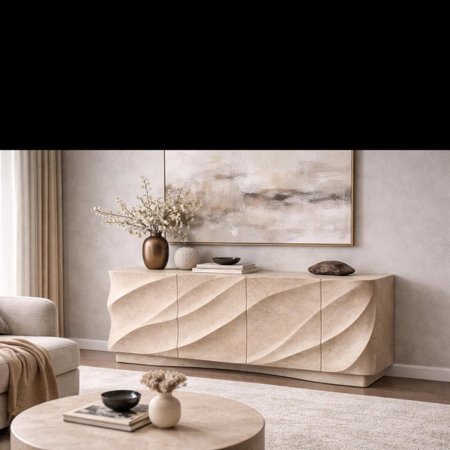 Beige Hand-Carved Stone Sideboard with Walnut Interior from Justfurnituress SRL For Sale - Image 8 of 9