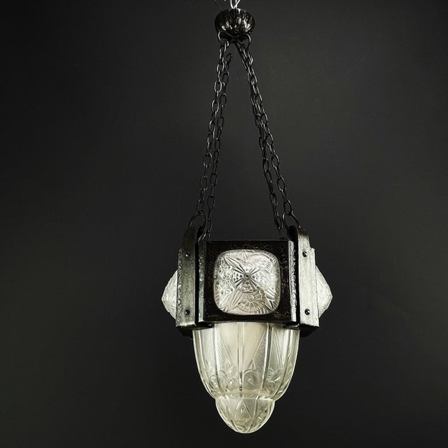 Art Deco Wrought Iron Hanging Light attributed to Hettier & Vincent, 1930s For Sale - Image 4 of 10