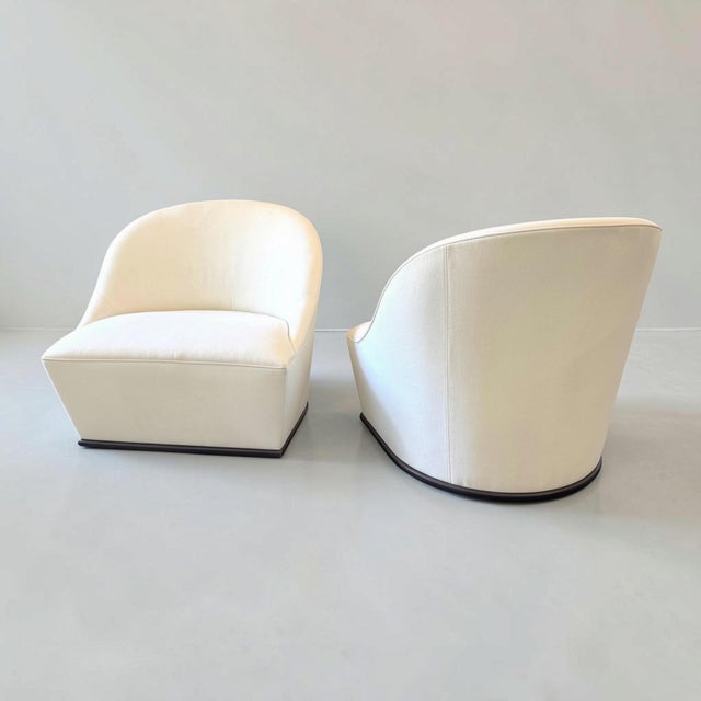 Modern Lee Swivel Chair With Oak Plinth Base in White Linen, Pair For Sale - Image 3 of 9