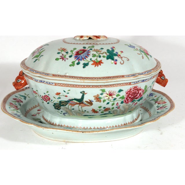 Mid 18th Century 18th-Century Chinese Export Porcelain Double Peacock Pattern Soup Tureen, Cover & Stand For Sale - Image 5 of 18