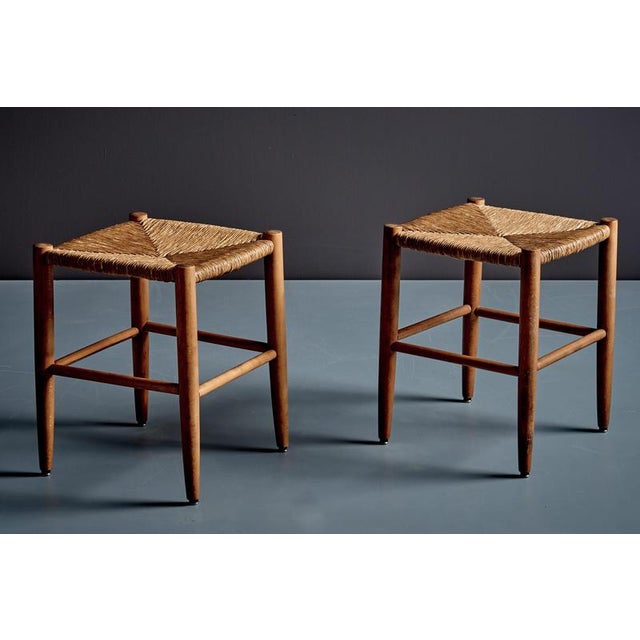 Beechwood Stools with Woven Rush Seats, France, 1950s, Set of 2 For Sale - Image 3 of 14