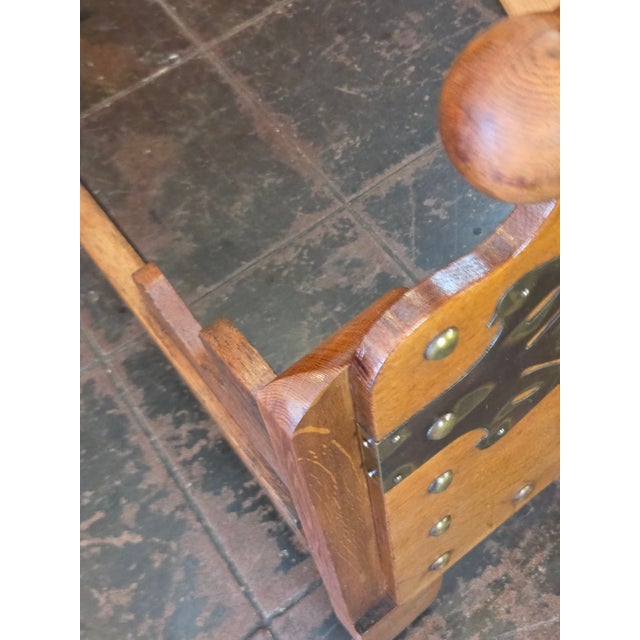 Antique 1880s Victorian Arts & Crafts Queen Golden Oak Hand Carved Original Art Nouveau Metalwork For Sale - Image 17 of 17