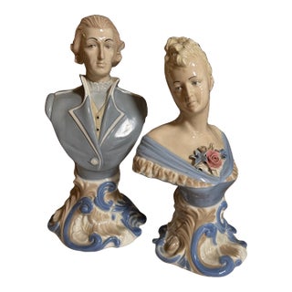Vintage Japanese Rococo Revival Blue & White Porcelain Busts — Pair For Sale
