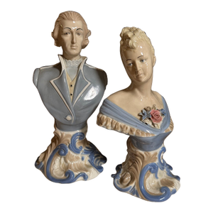 Vintage Japanese Rococo Revival Blue & White Porcelain Busts — Pair