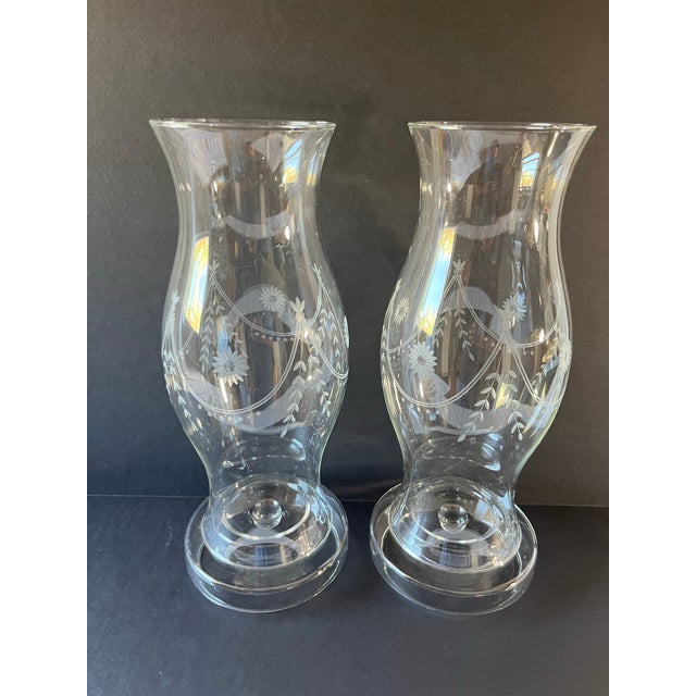 Early 20th Century Etched Clear Glass Candle Hurricanes a Pair For Sale - Image 5 of 9