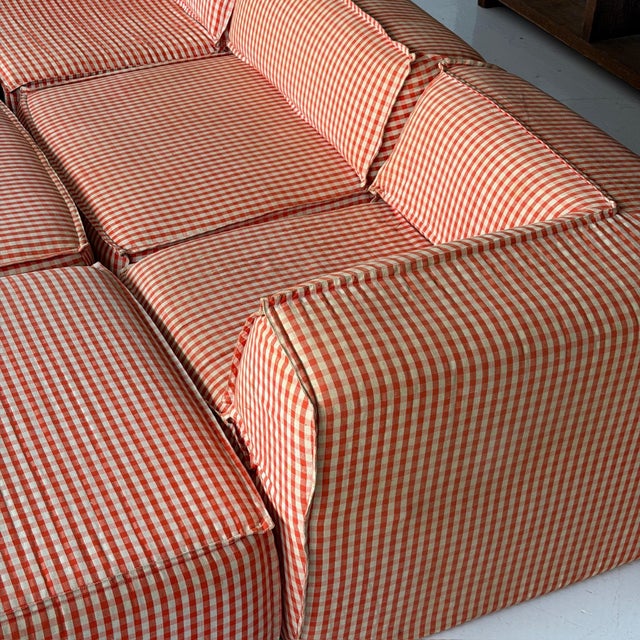 c. 1970s. France. Ginghan cotton fabric with foam structure. 9 Total Pieces: 3 Backrest pieces: 34L 34W 24H 12SH 4...