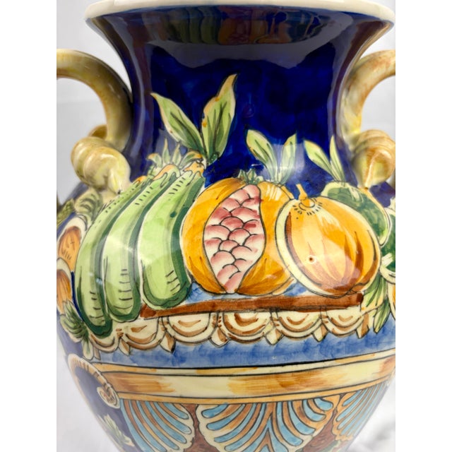 Late 20th Century Italian Majolica Amphora Vase – Hand-Painted Cobalt Blue Glazed Ceramic With Fruit Motif For Sale - Image 4 of 7