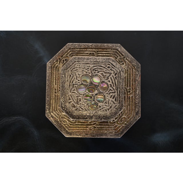 Early 20th Century Tiffany Studios New York Silvered Bronze and Abalone Inkwell For Sale - Image 5 of 15