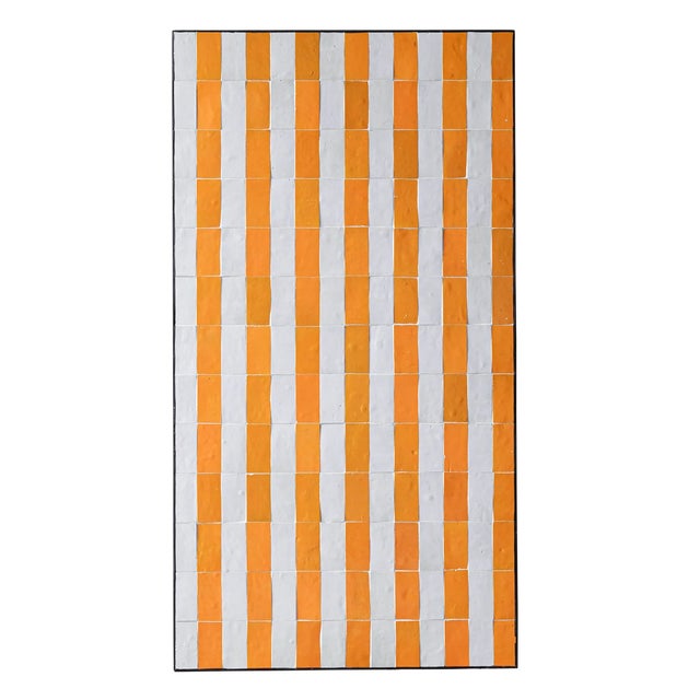 Matthew Izzo Home 51" Rectangle Yellow and White Striped Moroccan Zellige Tile Coffee Table on Iron X Base For Sale - Image 4 of 4