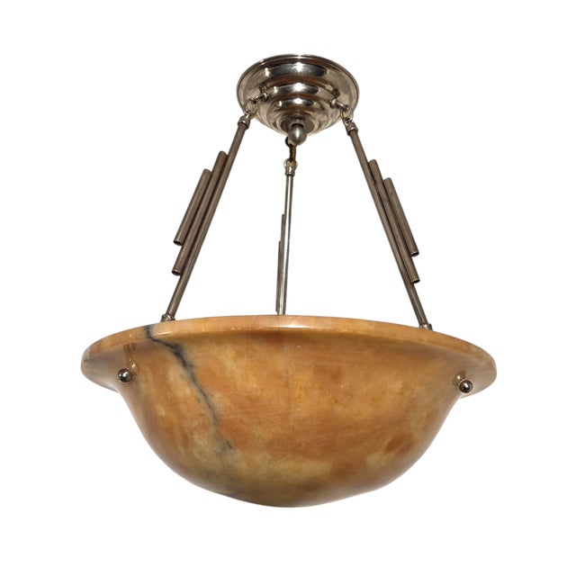 Art Deco Early 20th Century Honey Amber Hand Carved Original Alabaster Bowl W/ Stepped Nickeled Bronze Stem For Sale - Image 3 of 17