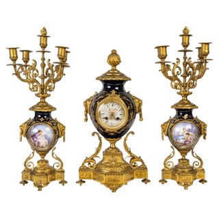 Mantel Set with a Clock and Two Candelabras, 19th Century, Set of 3 For Sale