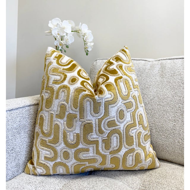 Gold Groove 20x20 Velvet Pillow With Feather Down Insert For Sale - Image 4 of 5