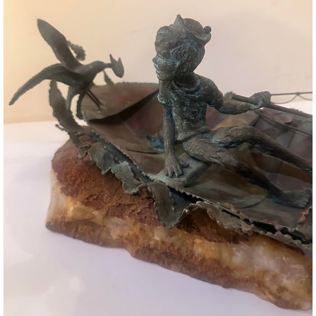Green 1970s Boy Fishing Figural Sculpture on Stone Base For Sale - Image 8 of 12