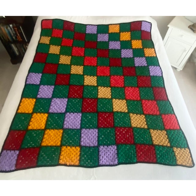 Vintage Granny Square Hand Crocheted Afghan Multicolor Blanket/Throw Excellent Condition For Sale - Image 9 of 9
