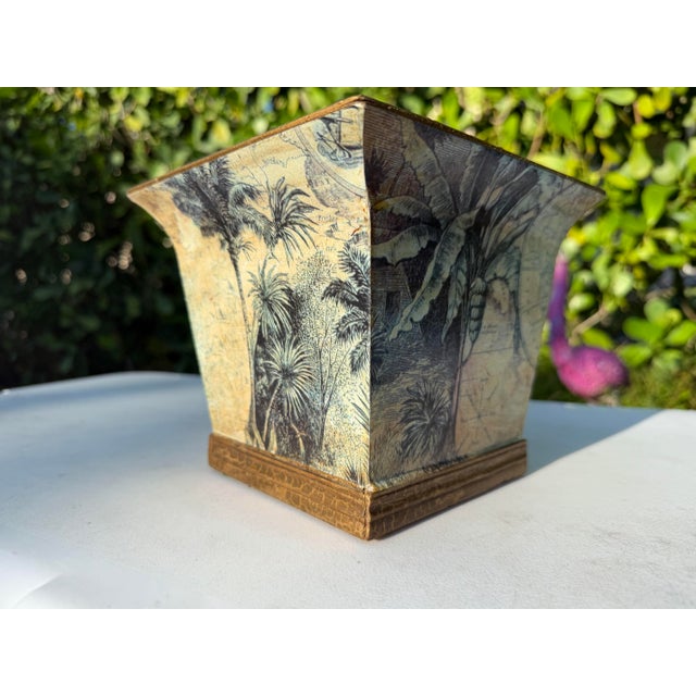 Vintage British Colonial Botanical Decoupage Square Cachepot With Antiqued Gold Trim For Sale - Image 4 of 10