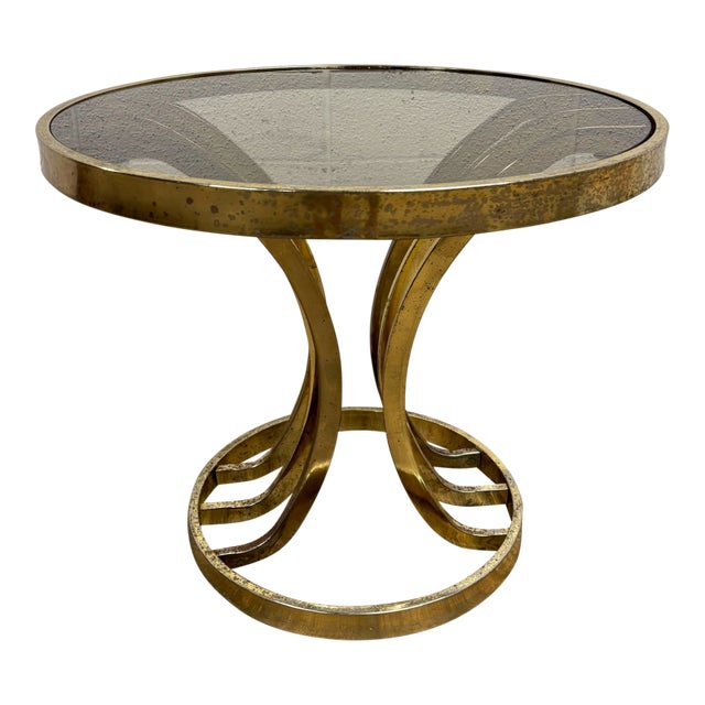 Vintage Hollywood Regency Art Deco Tulip Milo Baughman Style Brass & Glass Table For Sale