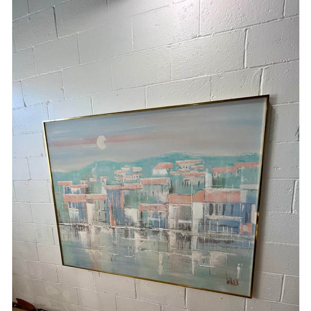 Postmodern Large Signed Lee Reynolds Coastal Harbor Painting Original Brass Gallery Frame For Sale - Image 3 of 8