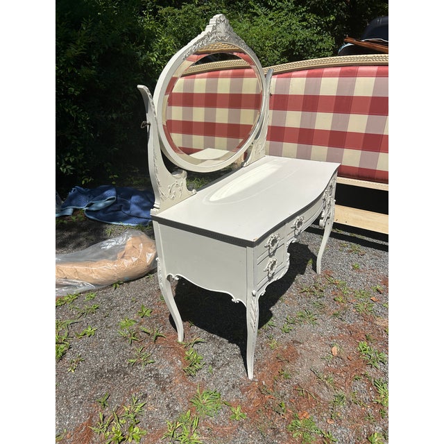 French Country Charming White Painted Wood Vanity With Oval Mirror For Sale - Image 3 of 17